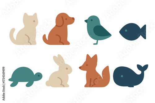 Stylized collection of cute animal characters featuring pets and wildlife in a modern graphic style for various design projects