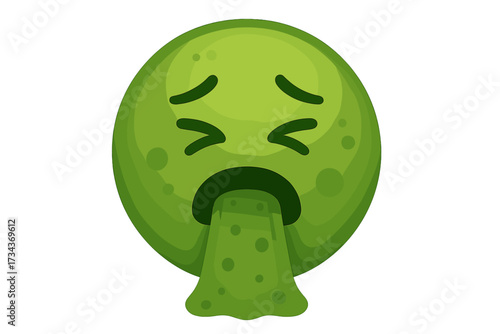 Sick green emoticon vomiting vector emoji. Puking smiley icon concept for disease, virus, or stomach problem. Nausea, food poisoning, and disgust face symbol illustration.