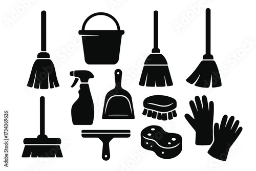 Cleaning tools silhouette set for household chores. Vector icon collection with broom, mop, bucket, spray, dustpan, brush, sponge, squeegee, gloves. Housekeeping equipment.