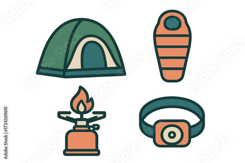 Essential camping equipment set including a tent, sleeping bag, portable stove, and headlamp for outdoor adventures