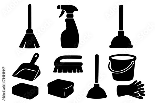 Cleaning tools silhouette icon set for household chores and janitorial service. Vector graphic collection of domestic equipment like broom, bucket, sponge, plunger, and spray.