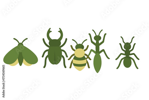 Diverse group of stylized green and yellow insect species including a moth, stag beetle, bee, praying mantis, and ant