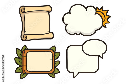 Vector cartoon text box frame set. Collection of isolated graphic elements. Ancient scroll, nature banner with leaves, weather cloud, and comic speech bubble dialog illustration.