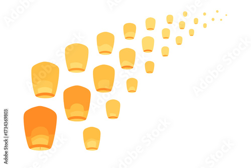 Many glowing orange and yellow sky lanterns ascending gracefully against a pristine white background, creating a festive atmosphere