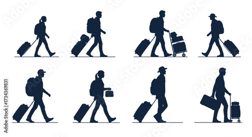 Silhouettes of people traveling with luggage and backpacks on white background.