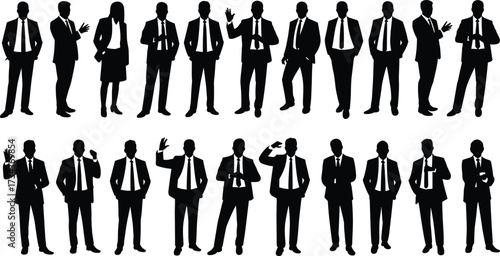 Silhouettes of business people in suits, vector illustration of men and women standing, waving, and posing in professional work