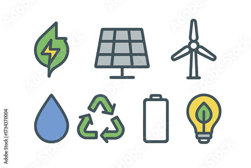Eco-friendly energy and environmental conservation with solar panel, wind turbine, water drop, and recycling
