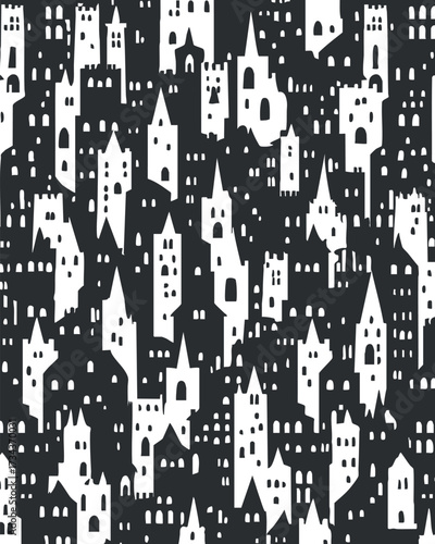 A monochrome pattern featuring stylized buildings and towers in black and white..