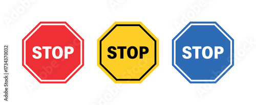 Stop Sign Octagon Traffic Symbol, Red, Yellow and Blue Variants, Vector Road Safety Icon