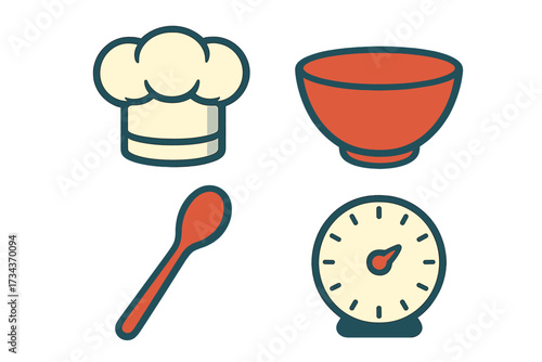 Assortment of essential kitchen utensils and equipment including a chef's hat, mixing bowl, spoon, and kitchen scale for culinary activities