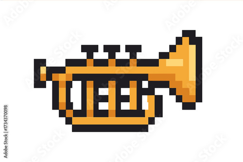 Pixel art trumpet icon. 8 bit musical instrument symbol. Retro video game asset. Vector cartoon illustration of a brass horn. Music and sound sign for arcade game design.