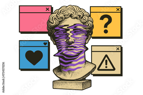 Vintage collage poster with distorted ancient statue bust and web popups. Vaporwave aesthetic concept of mental state, confusion, and social media overload. Modern pop art vector.