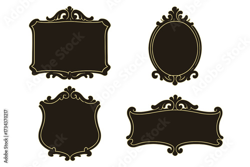 Set of vintage frames. Ornate decorative black and gold baroque label collection. Retro emblem and badge borders. Classic signage vector illustration with various shapes.