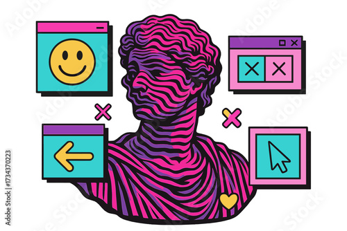 Creative surreal collage with ancient statue bust in wavy distorted glitch art style. Retrofuturism poster with 90s computer UI popups. Vaporwave aesthetic web banner vector.