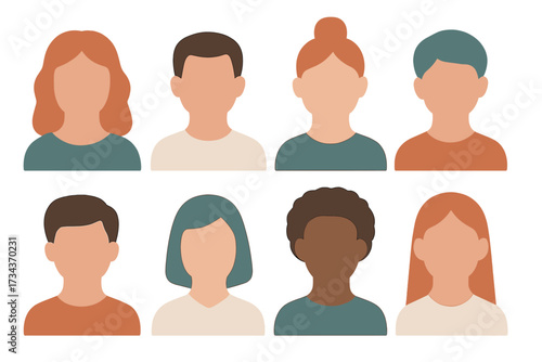 Diverse group of anonymous user profile icons with various hairstyles and skin tones for digital identity representation