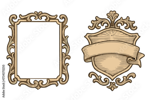 Vintage frame and shield crest with ribbon banner. Hand drawn elegant border set. Ornate retro decorative filigree scrollwork. Classic antique engraving vector illustration.
