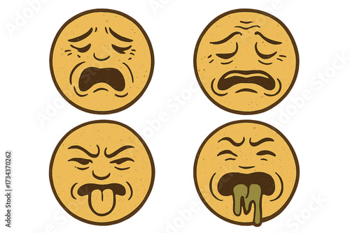 Vintage retro grossed out emoticon set. Vector smiley collection showing disgust, nausea, and sickness. Unwell emoji icon faces with vomiting, yuck and bad smell reactions.