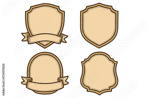 Vintage frames shields set. Retro label with ribbon banner. Vector border emblem. Old decorative illustration. Blank crest design element. Insignia badge pack. Heraldry logo.