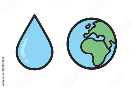 World Water Day. Earth Day. Save water concept. Water drop and planet Earth icon. Globe. Environmental conservation. Ecology. Sustainability. Resources. Graphic element vector.
