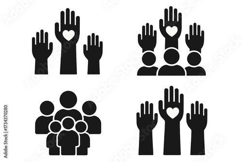 Volunteer charity work icons. Raised helping hands with heart. Concept of community, support, unity, social work. People crowd symbol. Vector flat glyph illustration for donation.