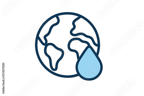 World water day concept. Earth globe and water drop line icon. Save water, environment, and ecology idea. Planet resource conservation. Clean water and sanitation vector symbol.