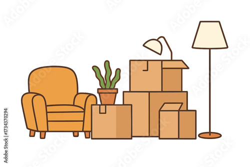 We are moving concept. Relocation to a new house or apartment. Home furniture, armchair, plant and lamps packed in cardboard boxes. Moving company services for transport.