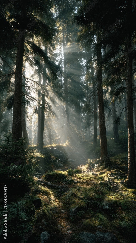 Obraz premium Sunlight piercing misty forest