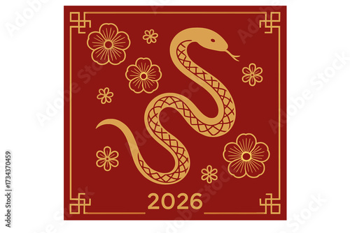 Year of the Snake 2026. Chinese New Year luxury design. Golden snake and flowers on red background. Minimal geometric vector template for Lunar New Year. Asian zodiac symbol.