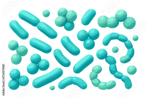Microbiome 3D render illustration set. Probiotics, prebiotics concept. Lactic acid bacteria, bifidobacterium. Good microorganisms for gut, intestinal flora health. Microflora.