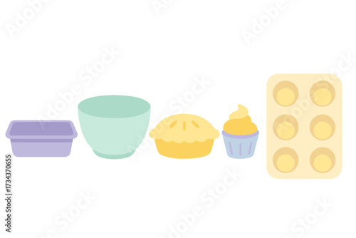 A collection of kitchen baking essentials and various dessert items with cooking utensils arranged for a culinary project