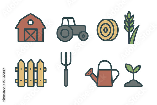 Farm and garden elements including barn, tractor, hay, wheat, fence, pitchfork, watering can, and seedling
