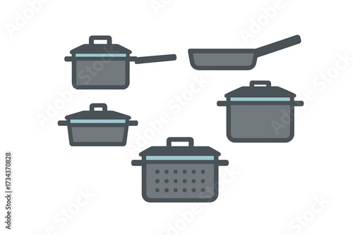 Collection of kitchen cookware items including saucepans, frying pans, and a colander for home cooking and culinary use