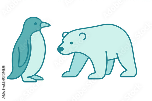 Cute cartoon penguin and polar bear standing together, symbolizing cold climate animals and global environmental balance