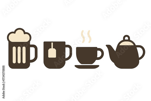 Stylized graphic elements depicting various beverage containers including a foamy beer mug, a tea cup with a bag, a steaming coffee cup, and a classic teapot