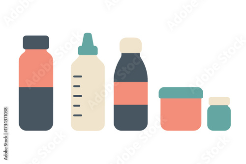 Minimalist graphic of various bottles and jars for packaging, including baby bottle and medicine containers