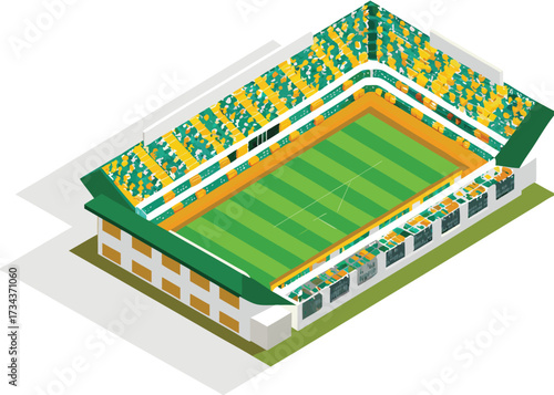 Vector illustration of an isometric modern building on a football field with technology  