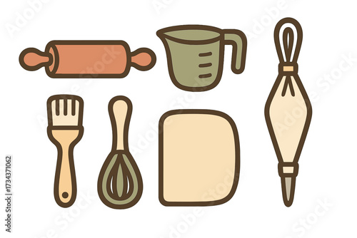 Essential baking tools and kitchen utensils for cooking and pastry preparation including rolling pin, whisk, measuring cup, and piping bag