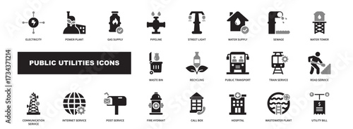 Public utilities icon set. Featuring water, electricity, gas, waste, internet, and infrastructure icons. Glyph icon collection.