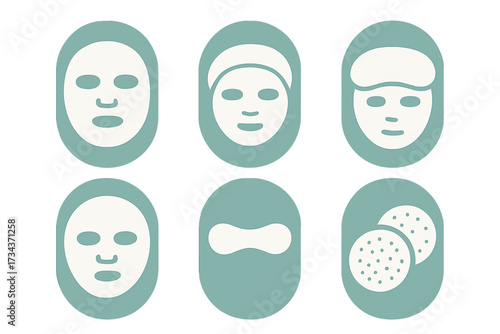 Minimalist graphic set of facial masks, eye masks, nose strips, and cotton pads for beauty and skincare routines