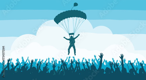 Sky diver descends gracefully above an excited crowd under a clear blue sky.