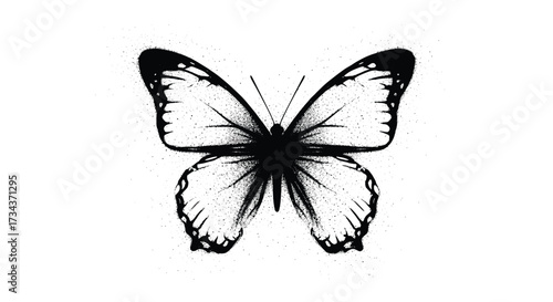 A detailed black ink splash butterfly illustration with a minimalist aesthetic.
