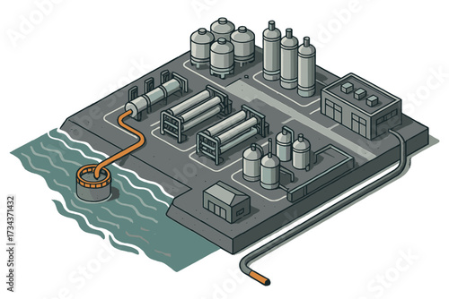 Large industrial facility for water processing with storage tanks and complex piping systems by the sea