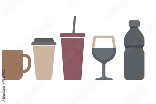Assortment of various beverage containers including coffee mug, disposable cup, tumbler, wine glass, and water bottle