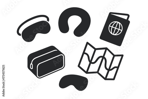 Essential travel accessories: passport, neck pillow, sleep mask, toiletry bag, and map for global exploration