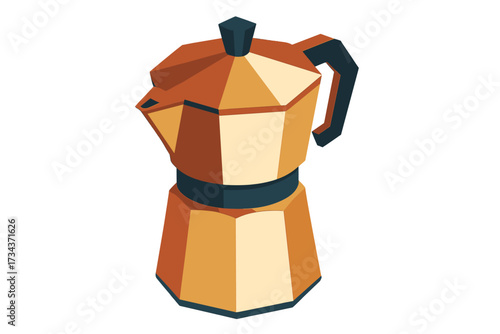 Warm toned geometric moka pot coffee maker with faceted design for brewing rich espresso at home kitchen