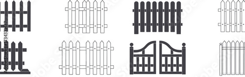 Fence and gate icon set, architectural design elements, picket styles, privacy barrier graphics, landscaping illustration, vector collection, outdoor structure concept, home exterior symbols