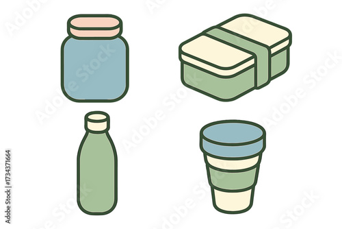 Collection of sustainable reusable containers including a jar, lunchbox, water bottle, and collapsible cup for eco-friendly daily use