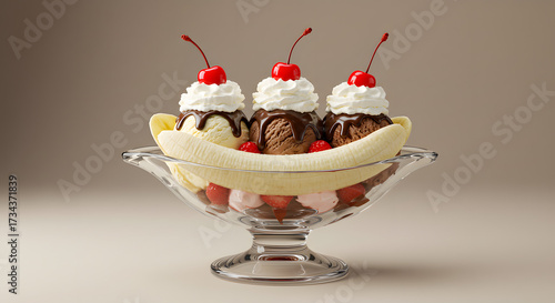 A classic banana split served in a long glass dish with three scoops of ice cream (vanilla, chocolate, strawberry), topped with chocolate sauce, whipped cream and cherries