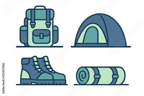Outdoor adventure equipment set with camping tent, hiking backpack, boots, and sleeping mat for travel and exploration