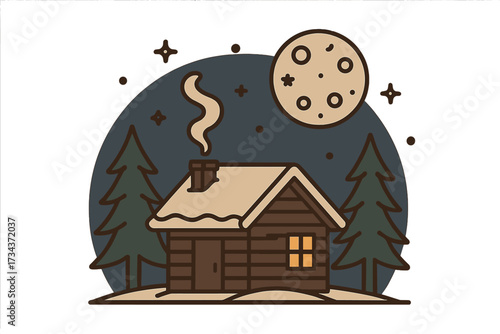Cozy winter cabin in snowy forest at night under full moon with smoke rising from chimney and sparkling stars